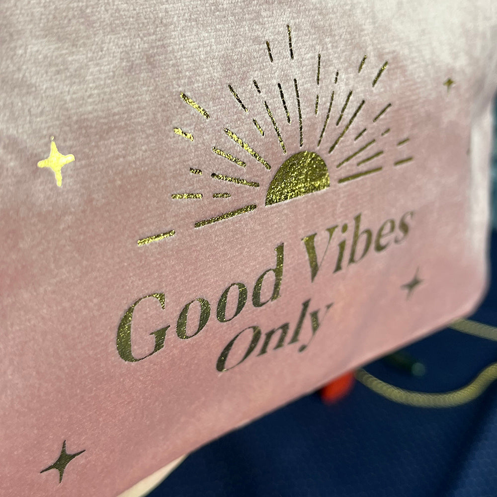 Astuccio, pochette da trucco, "Good Vibes Only, velluto rosa e oro