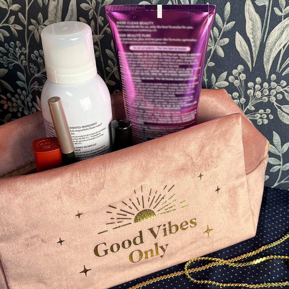 Astuccio, pochette da trucco, "Good Vibes Only, velluto rosa e oro