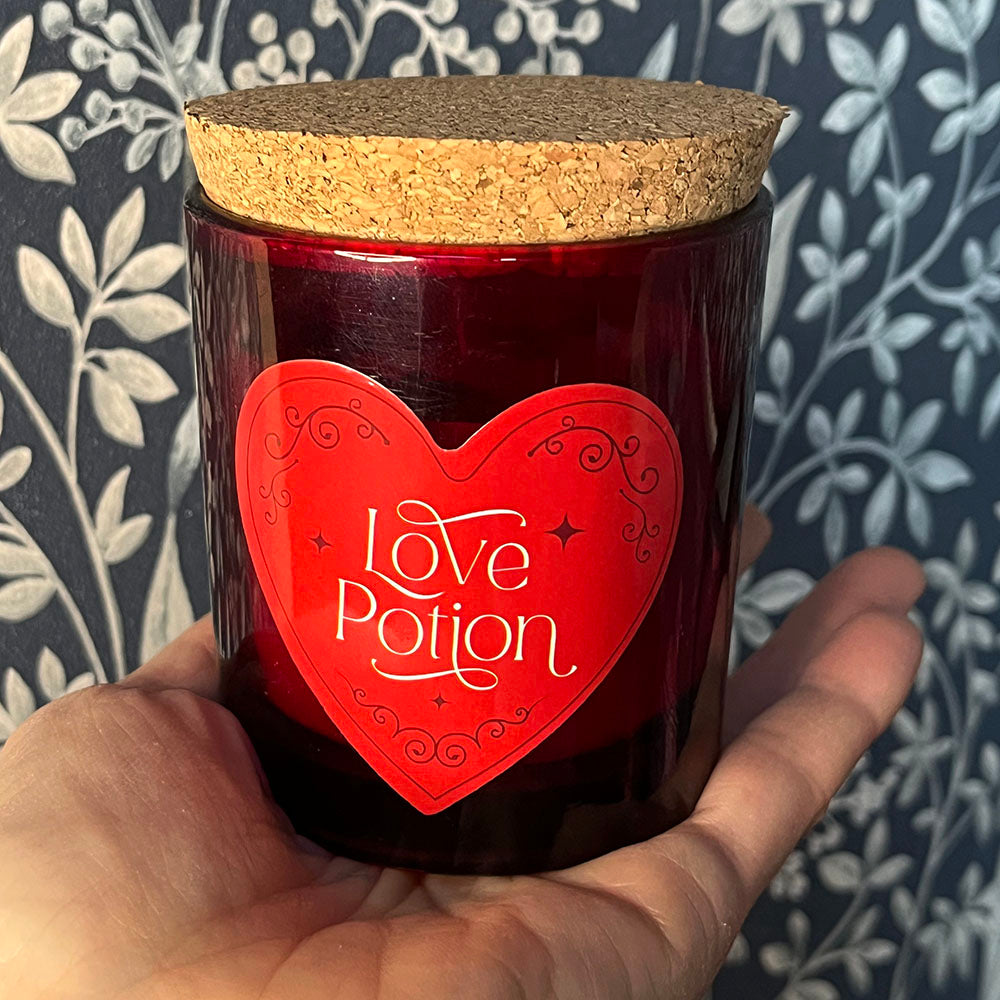 Candela profumata al lampone Love Potion con cristalli, vasetto in vetro, gothic, witchy