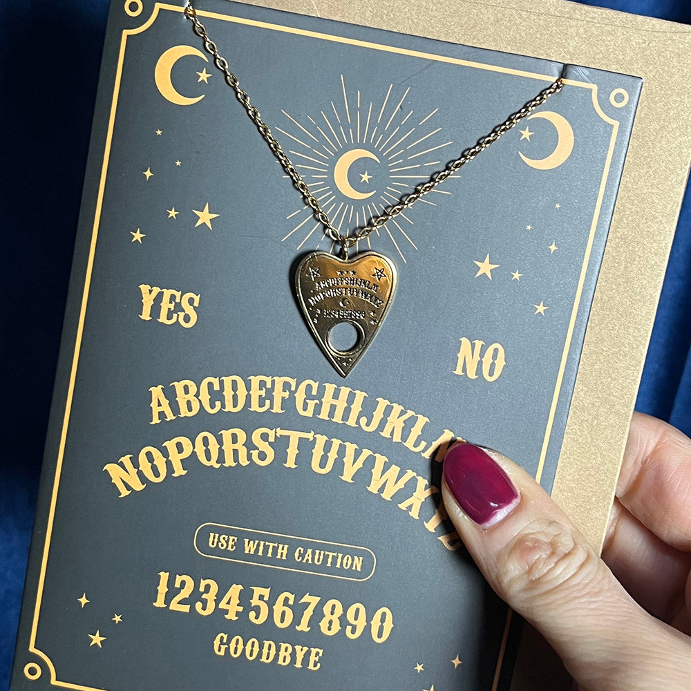 Collana ciondolo tavola OUIJA in acciaio dorato + biglietto regalo