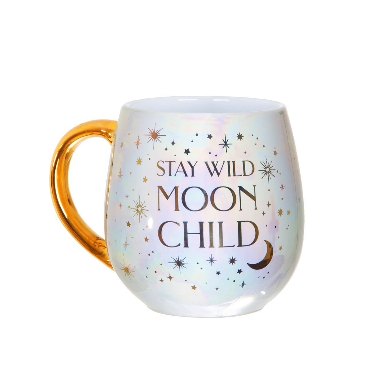 Tazza "Moon Child" vernice olografica perlata, dettagli dorati, luna, stelle, witchy vibes