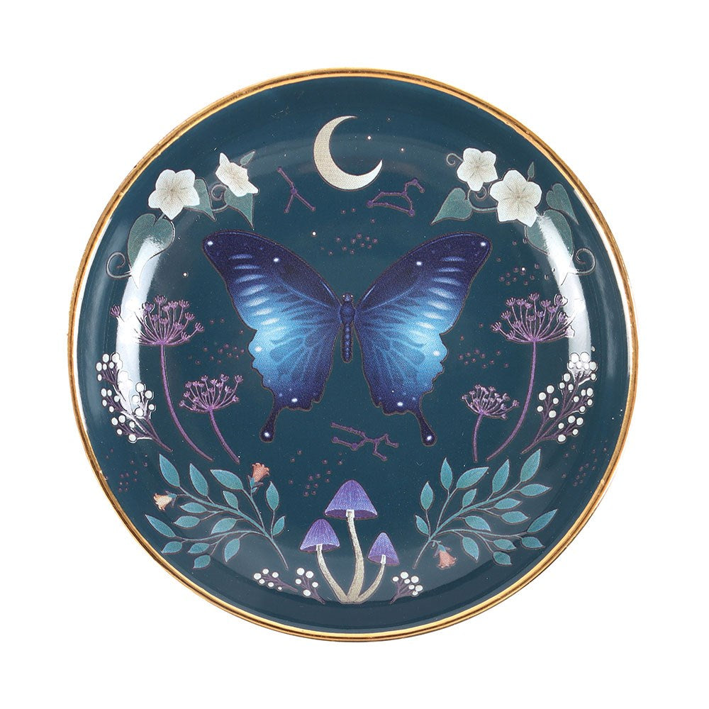 Piattino portagioie "Midnight Moth", stampa falena e fiori del bosco
