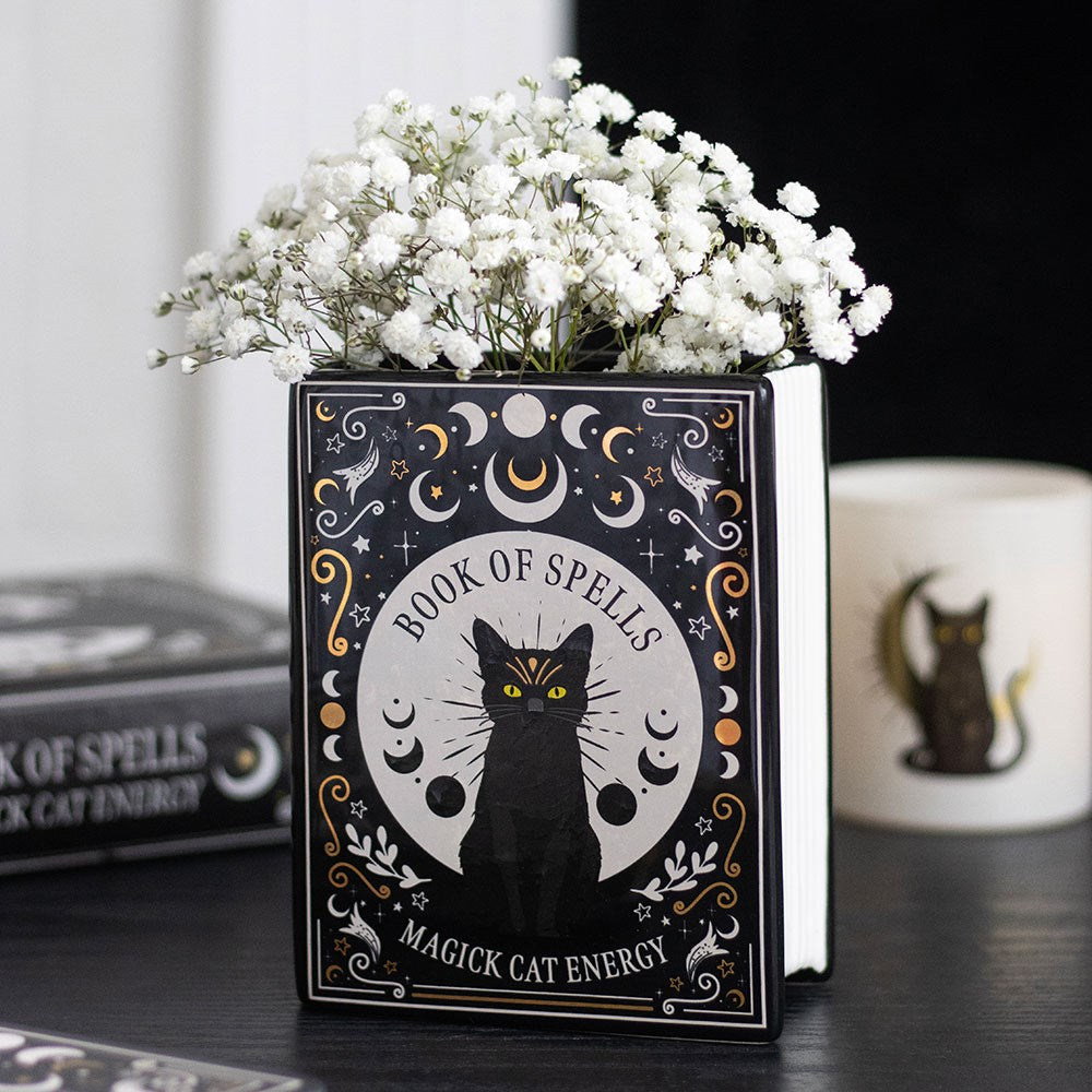 Vaso "Magic Cat Energy" a forma di libro per fiori freschi o essiccati, gatto witchy