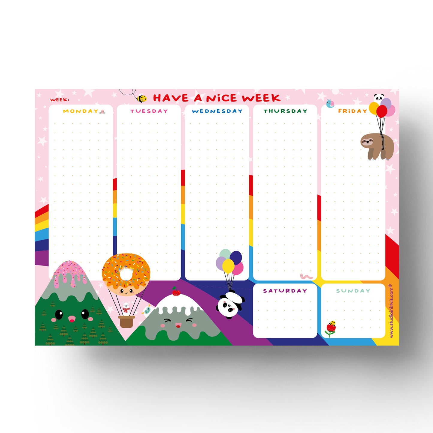 Planner settimanale A5 "Nice week" arcobaleno e animali kawaii