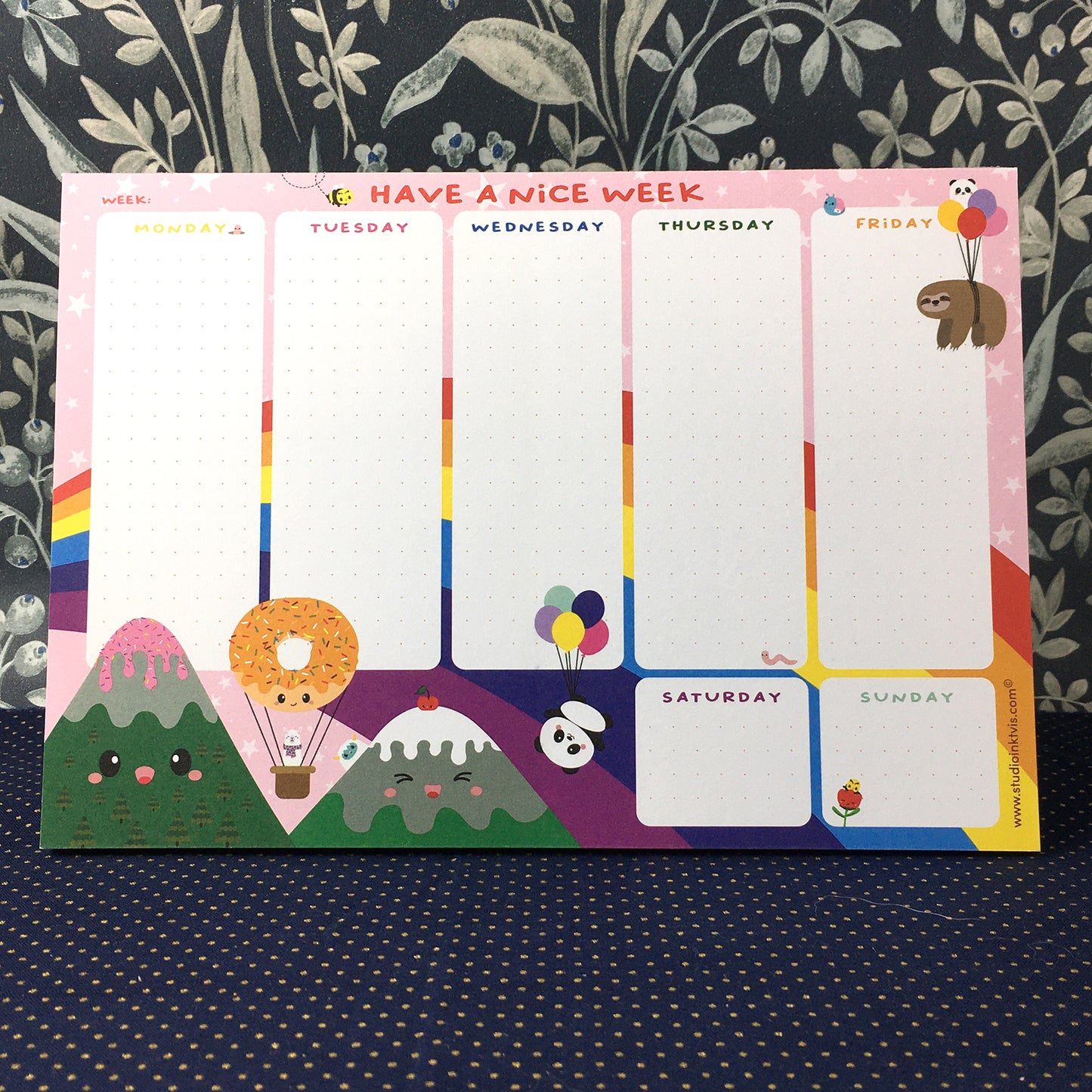 planner settimanale a5, kawaii, arcobaleno, panda, montagne, palloncini