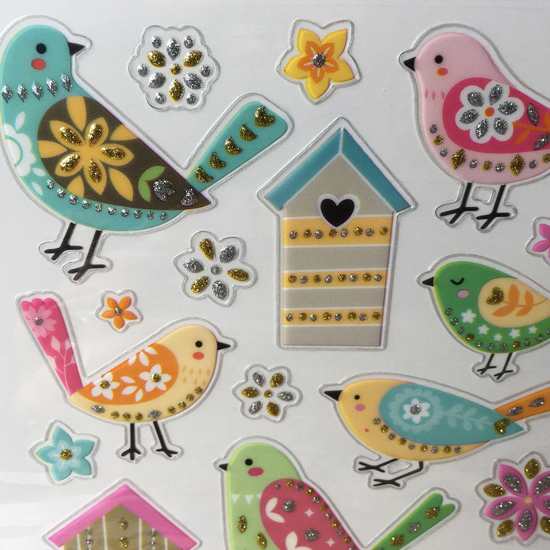 foglio adesivi, stickers, uccelli, uccellino, casetta, fiori, glitter