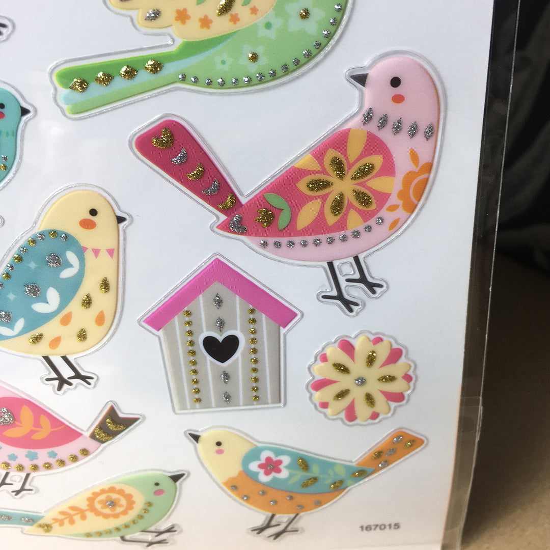 Foglio Stickers Luxury con dettagli glitter a rilievo - Uccellini