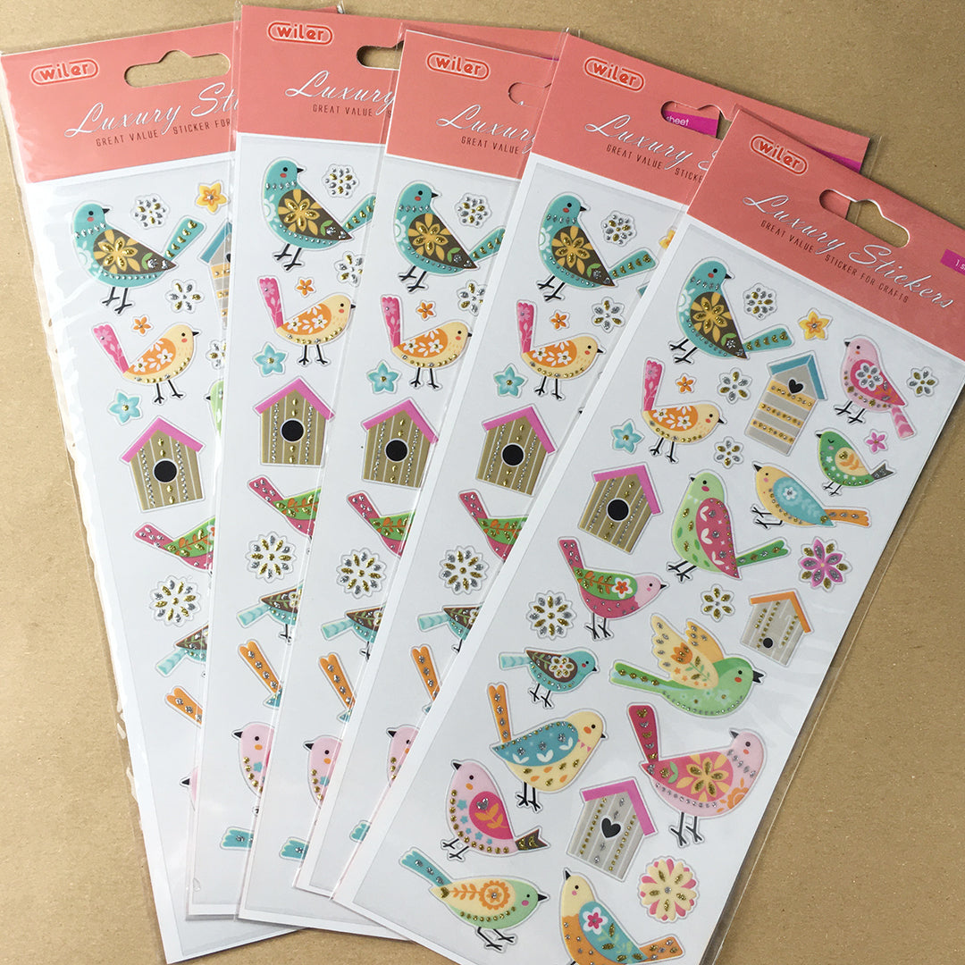 Foglio Stickers Luxury con dettagli glitter a rilievo - Uccellini