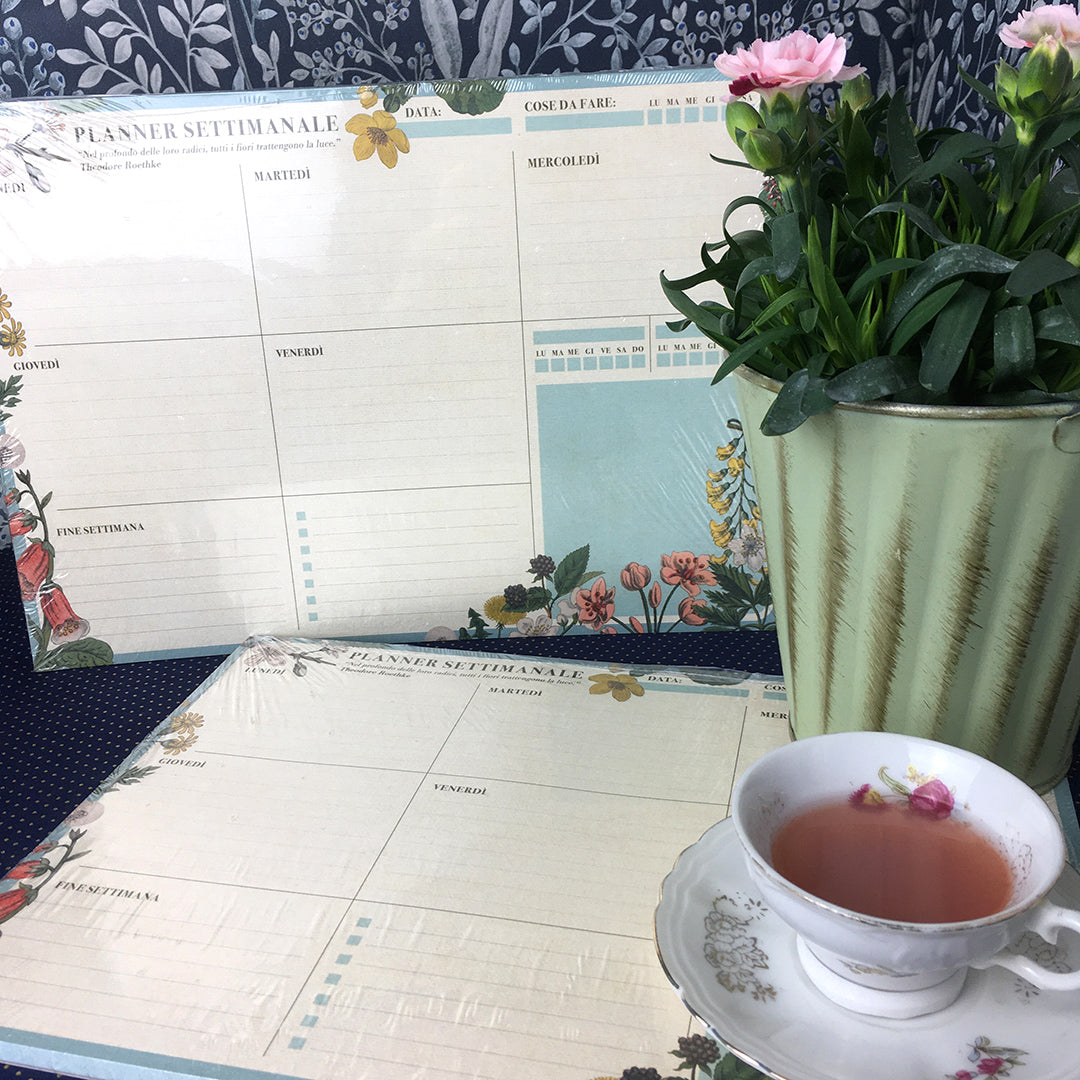 Planner settimanale a4, botanico, fiori, azzurro